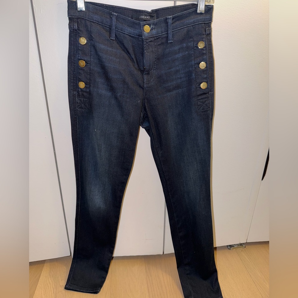 J Brand Navy Skinny Mid-Rise Jeans with Gold Buttons 26